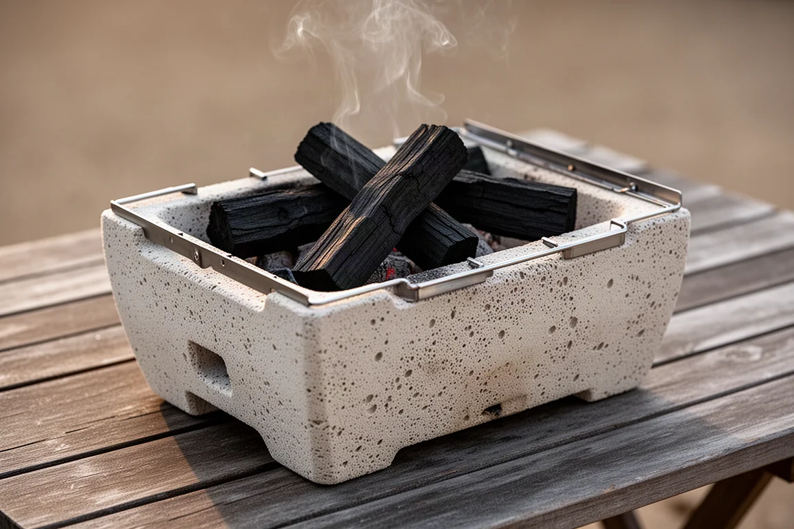 Compact clay konro barbecue with binchotan charcoal and light smoke on a wooden table