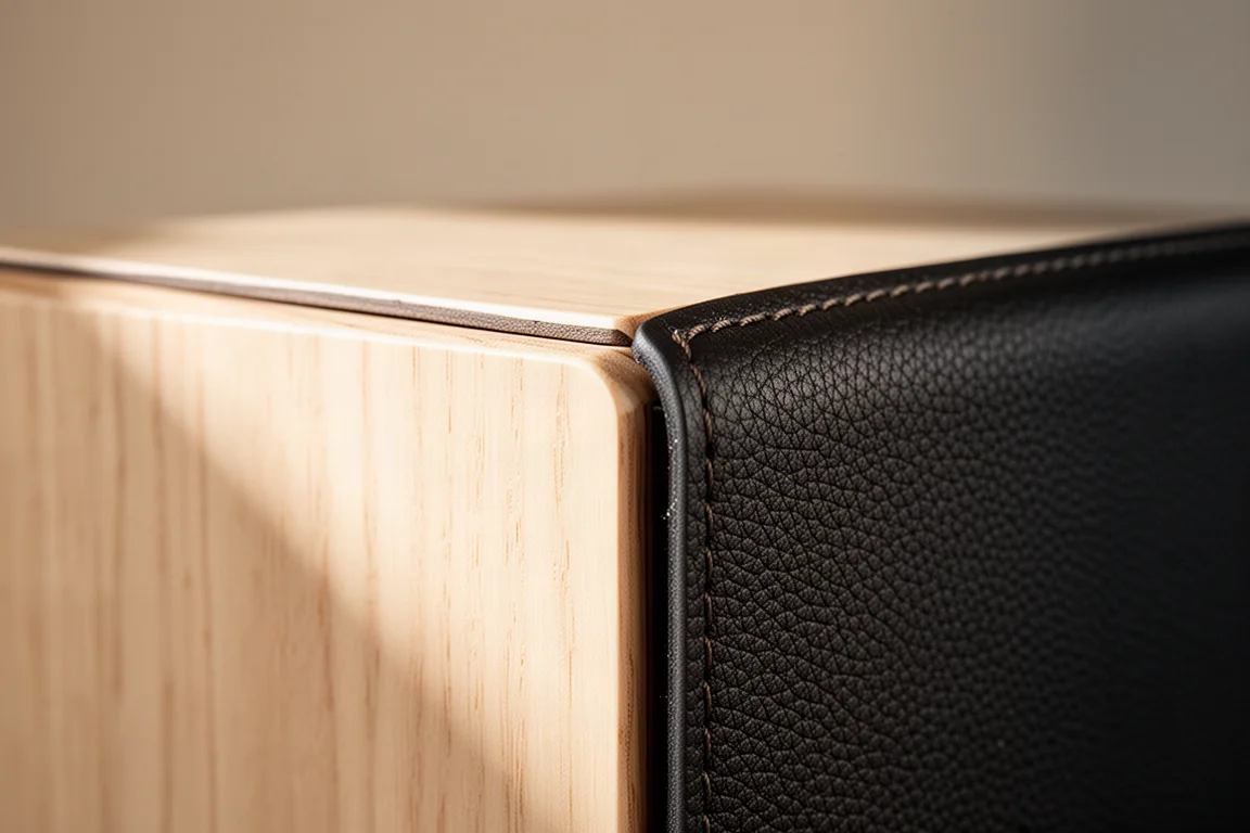 Gros plan sur un panneau d'enceinte en bois clair rejoignant un habillage latéral texturé façon cuir sombre