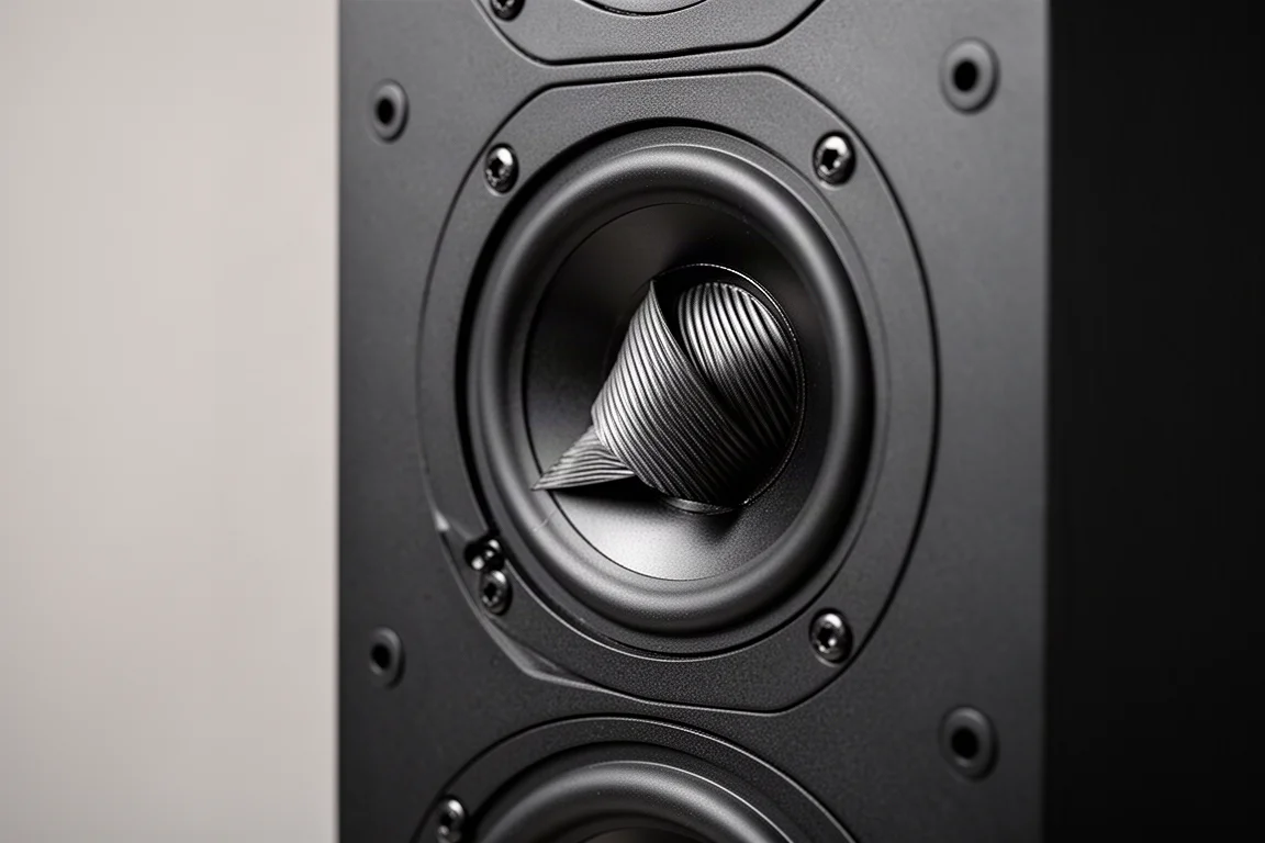 Vue macro d'un tweeter à ruban plissé intégré dans un baffle d'enceinte noir mat