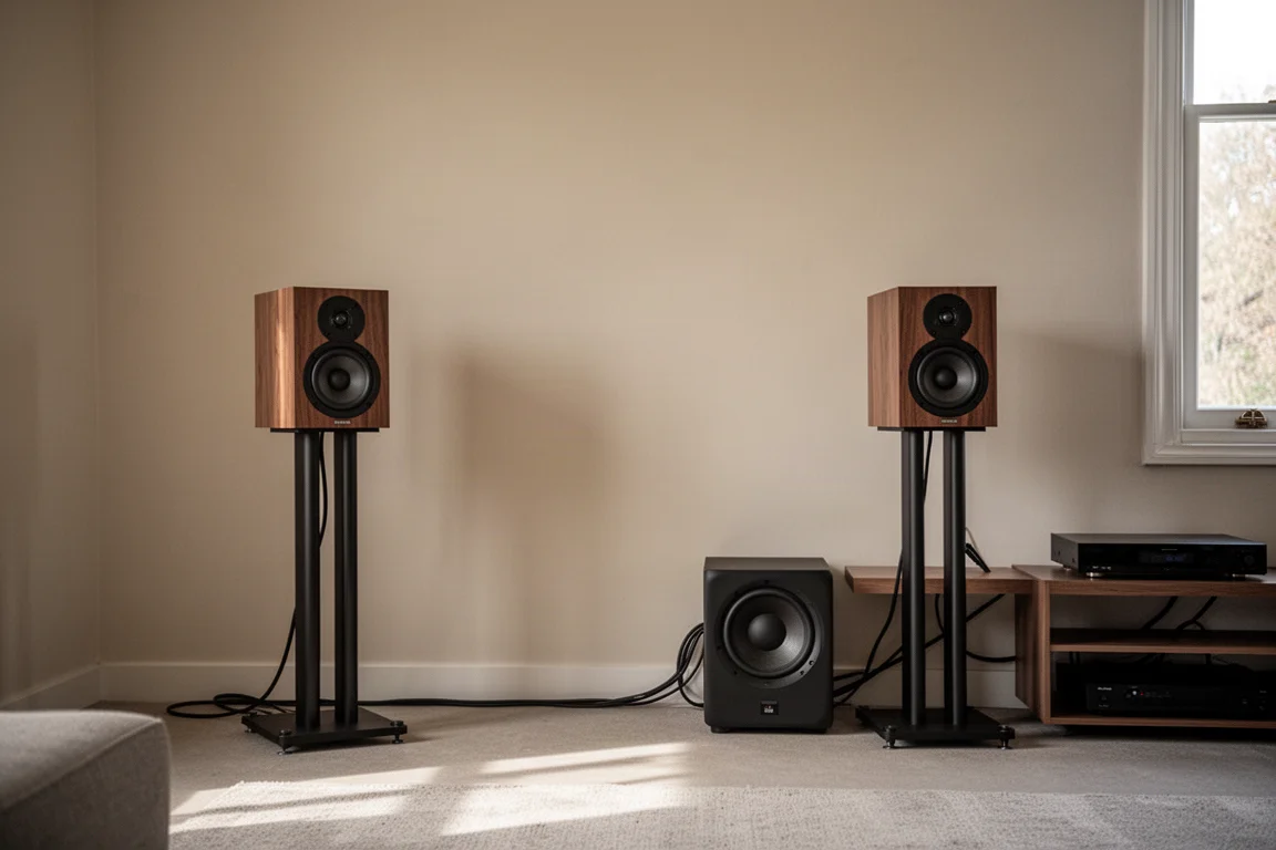 Salon avec deux enceintes sur pieds et un caisson de basses compact à côté d'une étagère basse