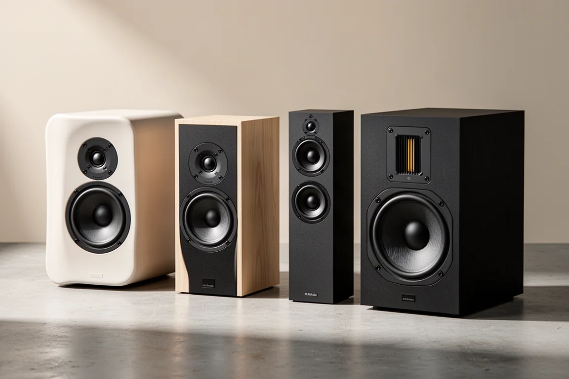 Four compact standmount hi-fi speakers lined up on a concrete surface in soft studio light