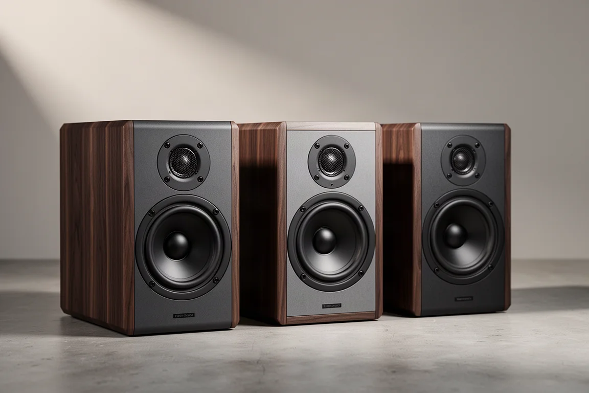 Three compact bookshelf speakers lined up on a concrete surface in soft studio light