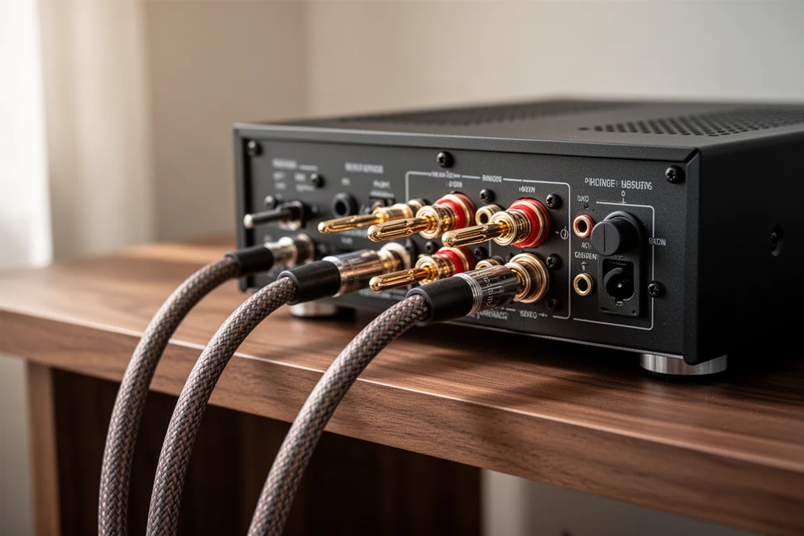 Primer plano del panel trasero de un amplificador con cables de altavoz y terminales de conexión