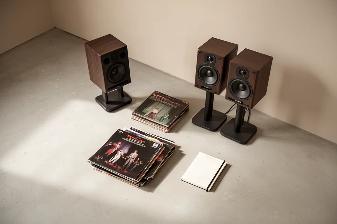 Vista cenital de altavoces sobre soportes, discos de vinilo y un cuaderno