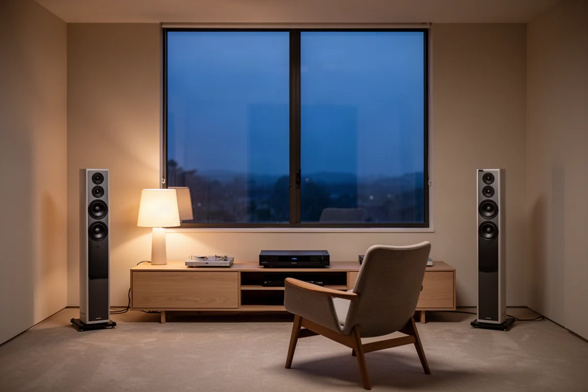 Sala de escucha minimalista al atardecer con altavoces de torre esbeltos y un mueble bajo