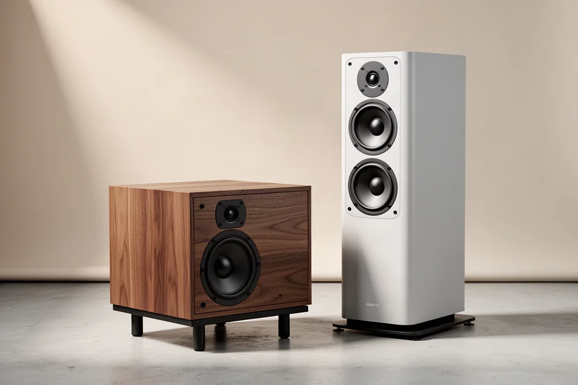 Compact bookshelf speaker on a stand beside a slim tower speaker on a pale concrete floor