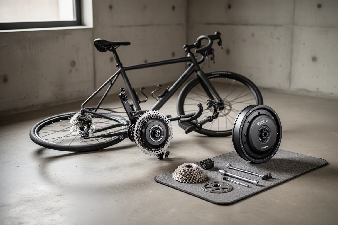 Drop-bar woon-werkfiets leunend tegen een bakstenen muur in een rustige stadstraat