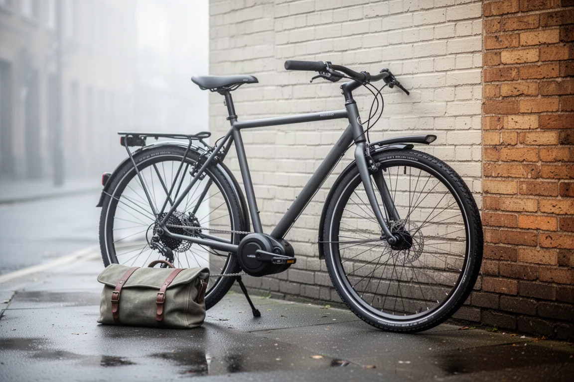 Verwijderbare e-bike-accu wordt uit de framehouder getild in een kantoor