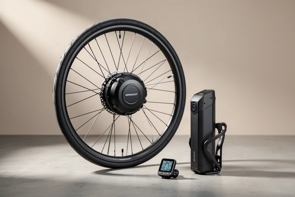 Rear wheel with hub motor, battery in cradle and wireless display on concrete