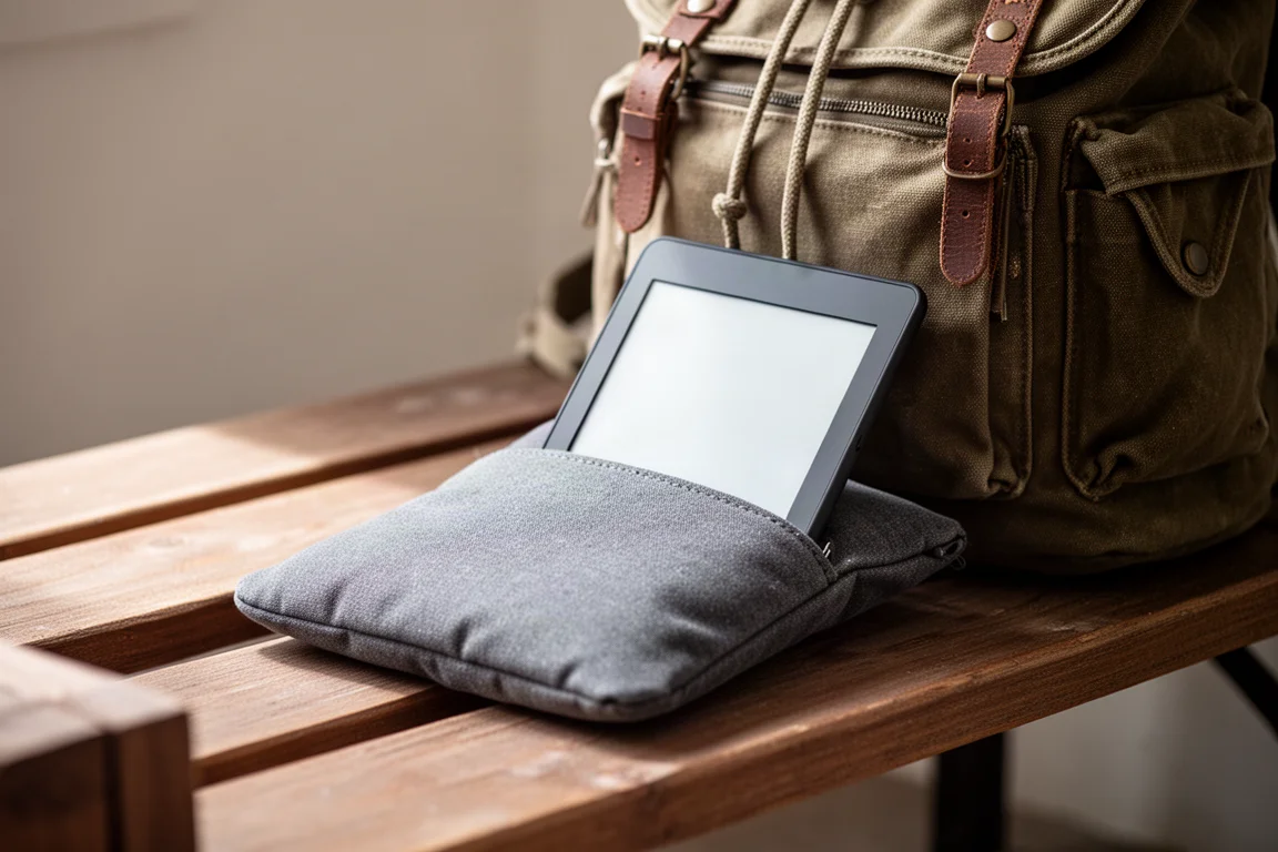 Lector electrónico Boox Go 10.3 Gen 1 en una funda acolchada junto a una mochila en un banco
