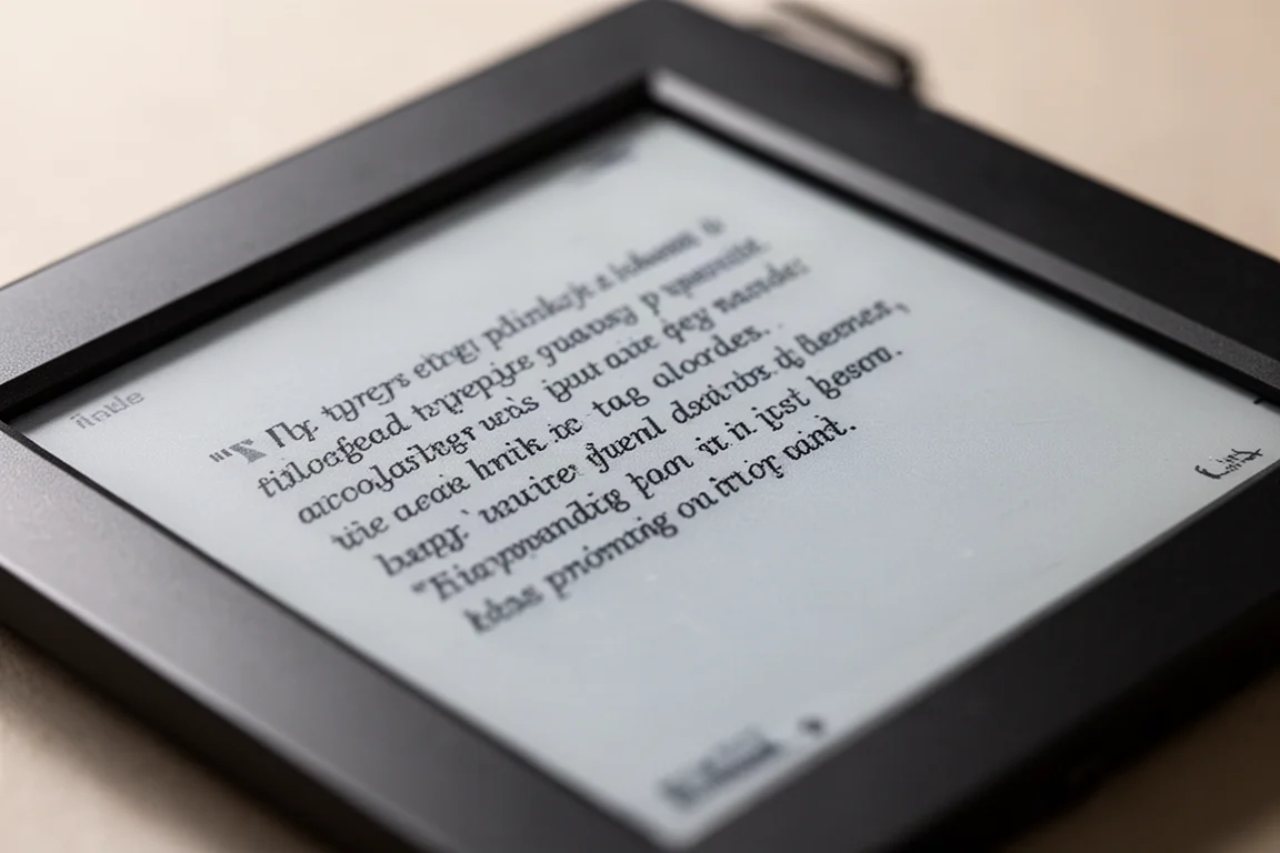 Primer plano de la pantalla del lector electrónico mostrando texto en cursiva nítido en modo HD
