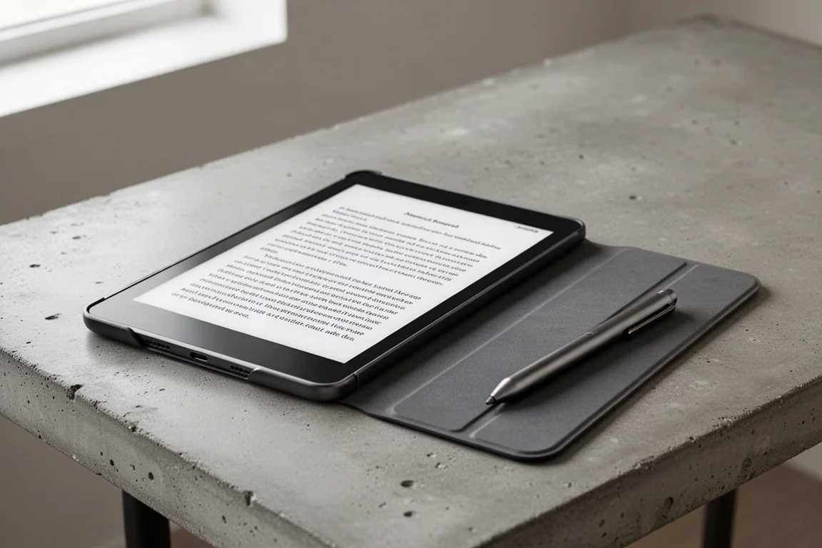 Tableta lectora electrónica sobre un escritorio con funda magnética y stylus al lado