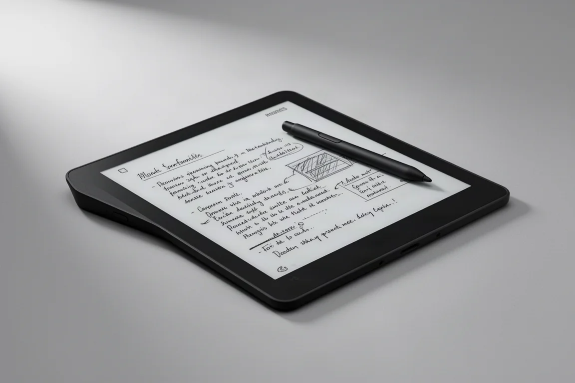 Tabletas de tinta electrónica Kindle Scribe y Boox Go 10.3 Gen 2 Lumi lado a lado sobre superficie de hormigón