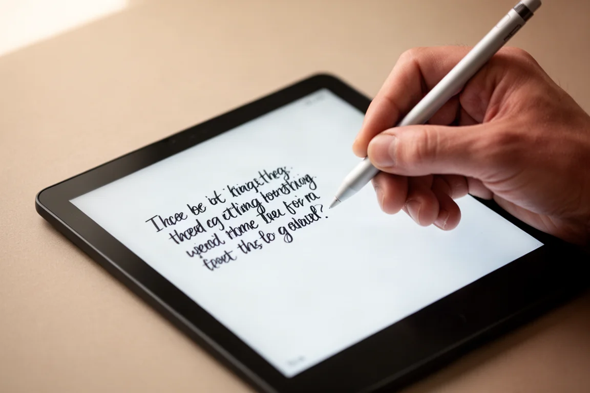 Primer plano de un lápiz óptico escribiendo en una pantalla de tableta de tinta electrónica con una nota escrita a mano