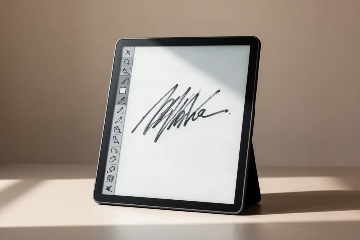 Tableta de tinta electrónica mostrando un cuaderno con una barra de herramientas y herramientas de dibujo en pantalla