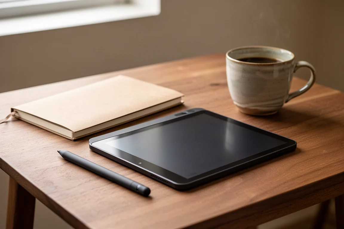 Tableta de tinta electrónica y lápiz óptico sobre un escritorio junto a un cuaderno y una taza de café