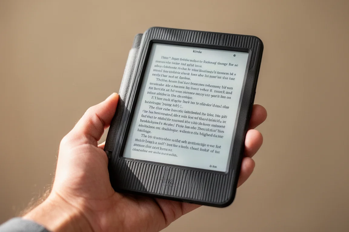 Mano sosteniendo un lector electrónico compacto que muestra una página de texto