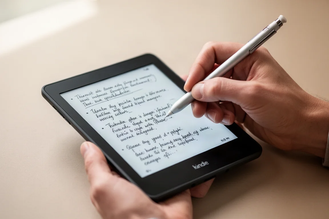 Mano escribiendo en la pantalla del lector electrónico con un stylus