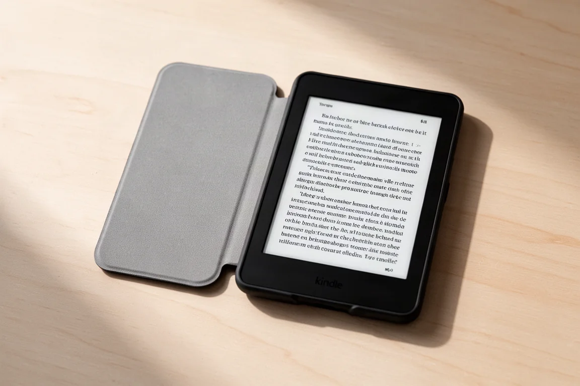 Lector electrónico sobre una funda magnética minimalista en una superficie de madera