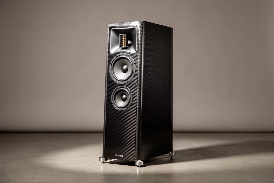 Slim carbon fiber floorstanding loudspeaker on a concrete floor in soft studio light