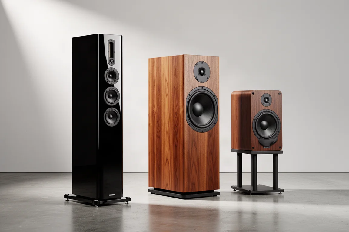 Three hi-fi loudspeakers of different sizes arranged on a polished floor against a grey backdrop