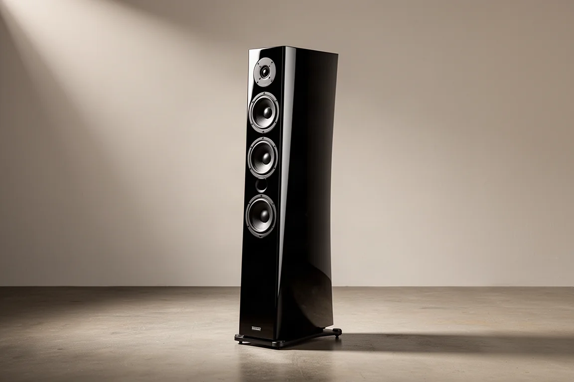Tall slim high-gloss black floorstanding loudspeaker on a concrete floor in studio light