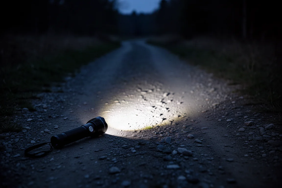 Torcia che proietta un ampio fascio di luce bianca su un sentiero ghiaioso buio