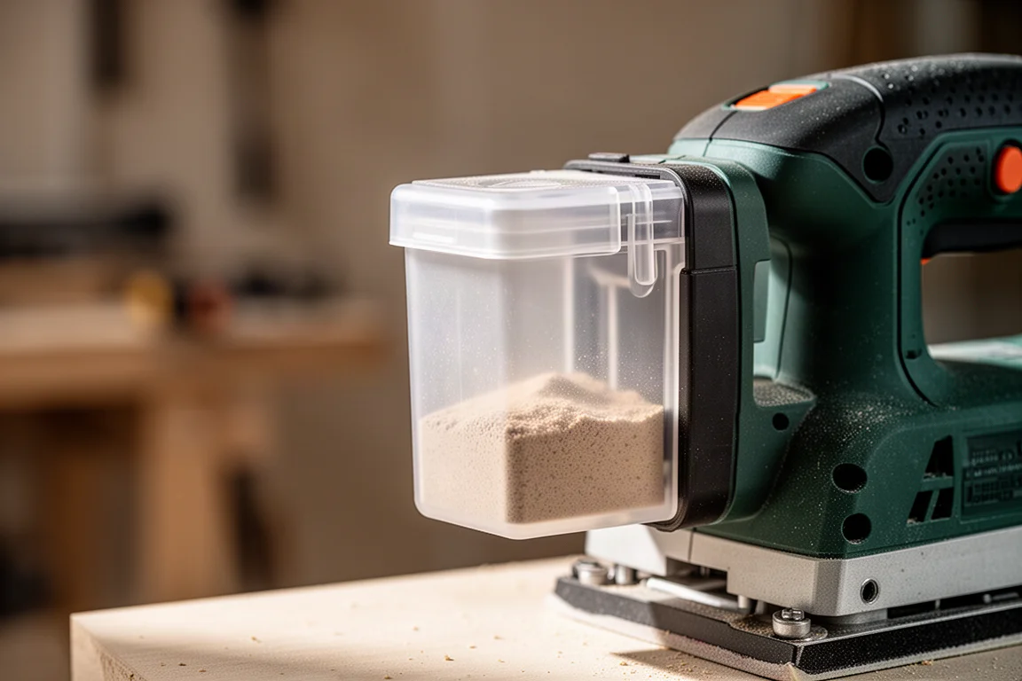 Primo piano del contenitore di raccolta polvere di una levigatrice su una panca da lavoro