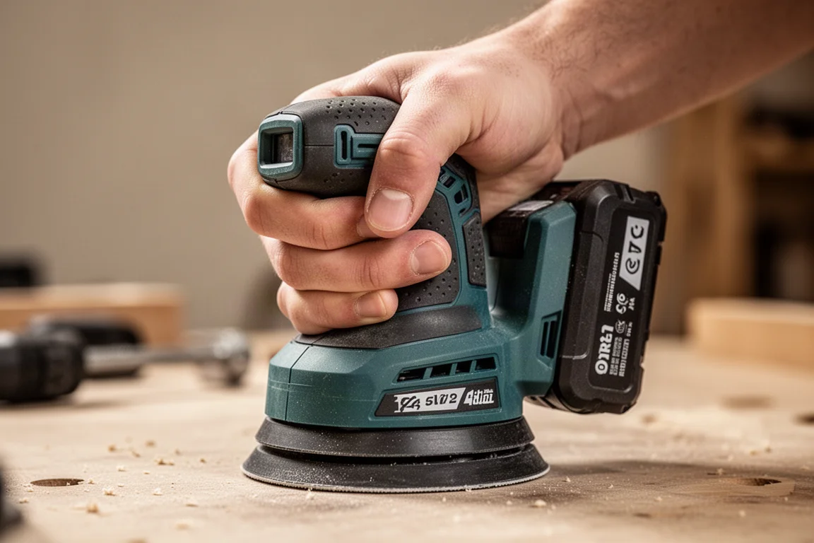 Close-up of a hand gripping the sander body with the battery offset to the side
