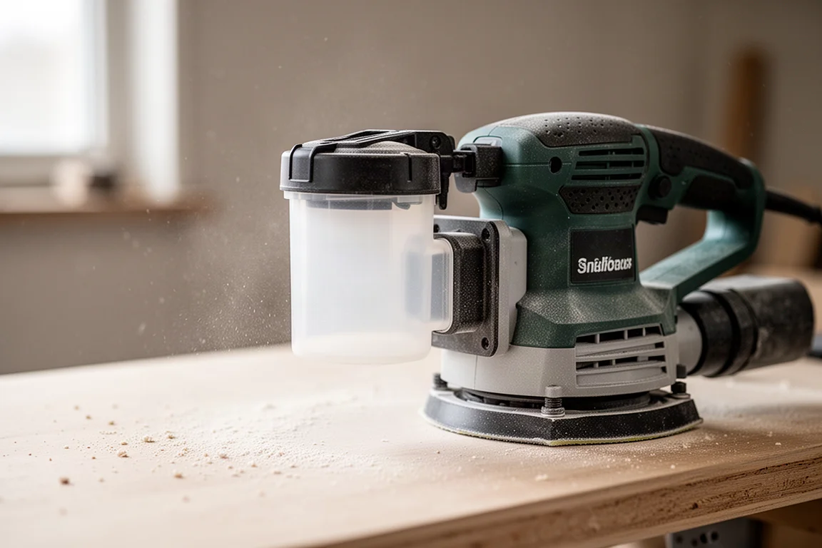 Dust collection canister attached to the rear of a sander over a workbench