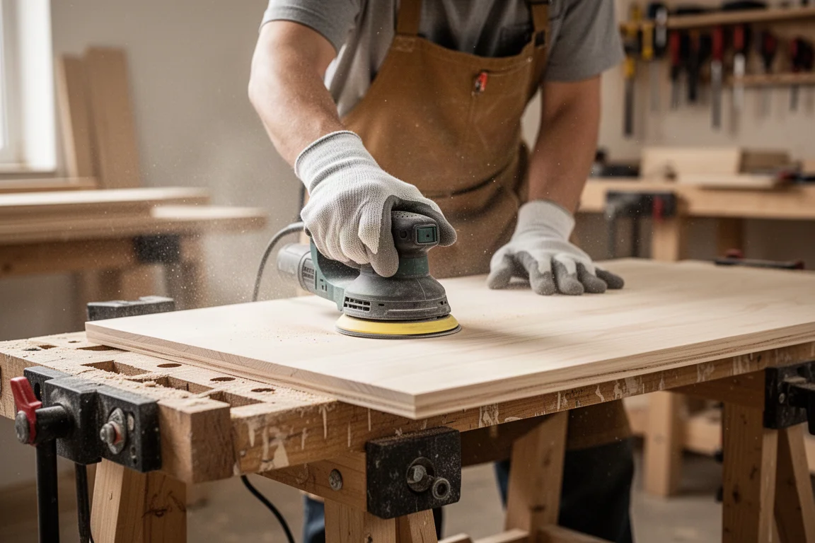 Woodworker sanding a wooden panel on a workbench in a tidy workshop