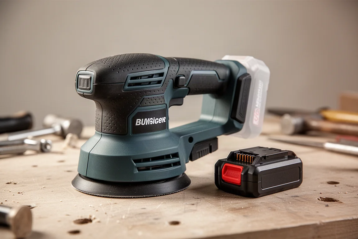 Sander and slide battery pack resting on a workbench beside a charger