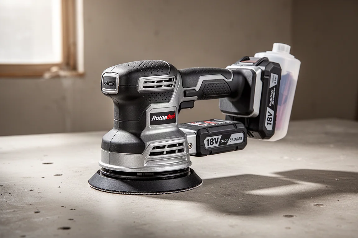 Bosch 18V 5-inch cordless orbital sander with offset battery on concrete surface