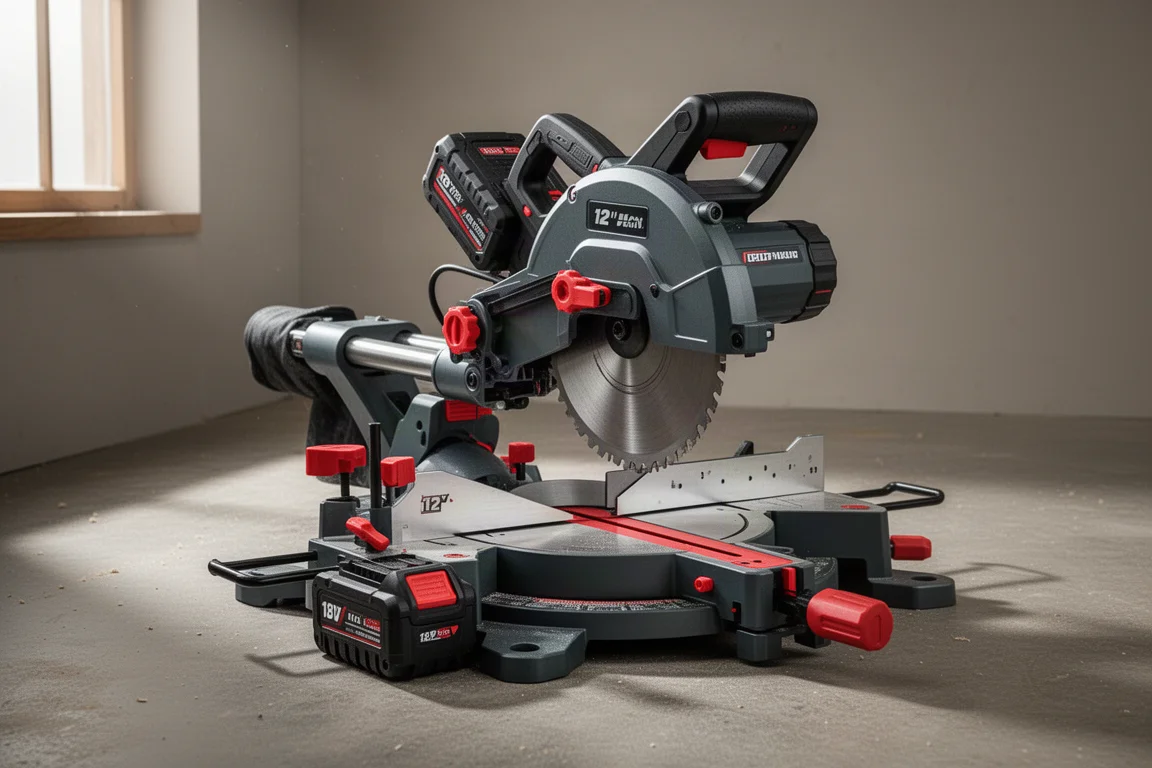Bosch 18V Axial Glide cordless miter saw on a concrete workshop floor