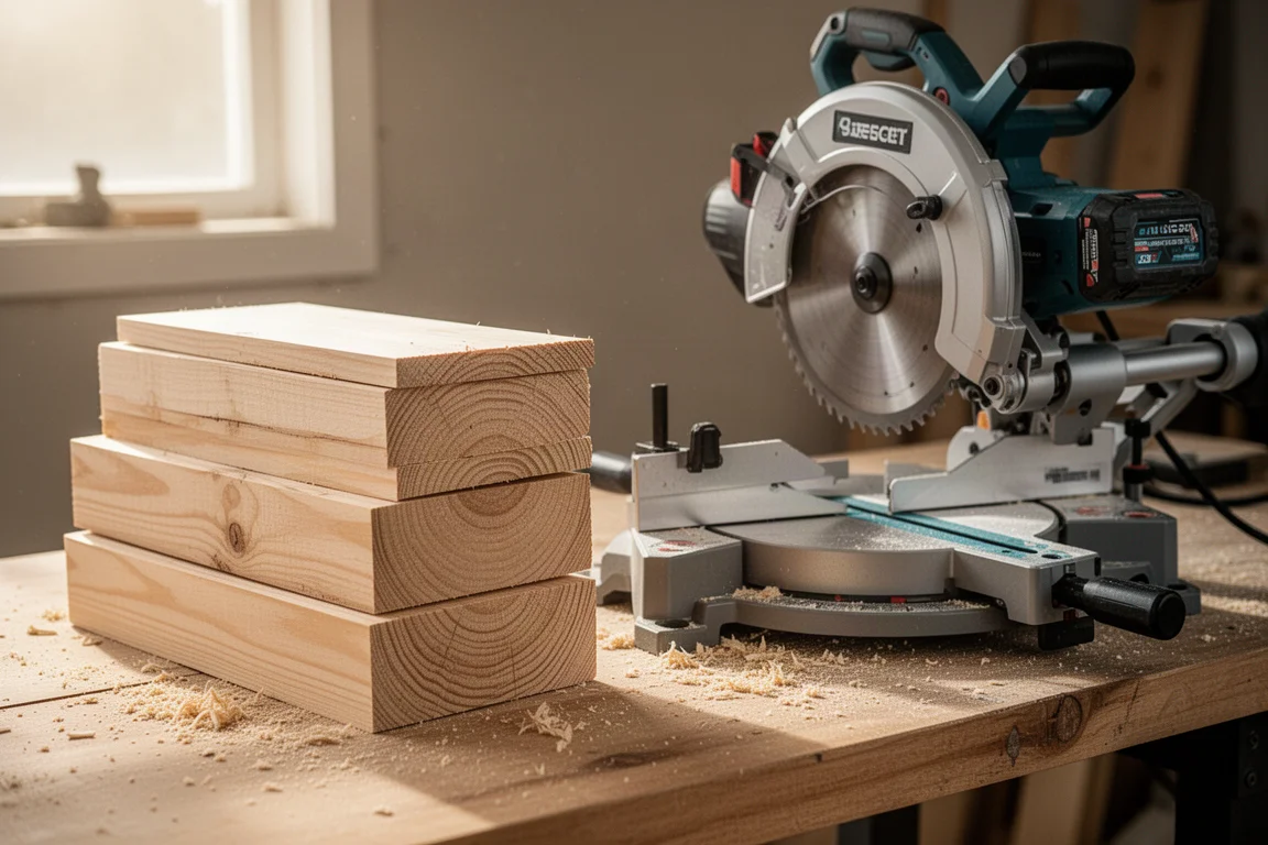 Pila di ritagli di legno 2x8 tagliati accanto a una troncatrice