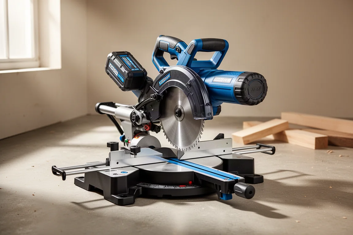 Bosch Axial Glide 18V cordless miter saw with battery pack on a concrete workshop floor