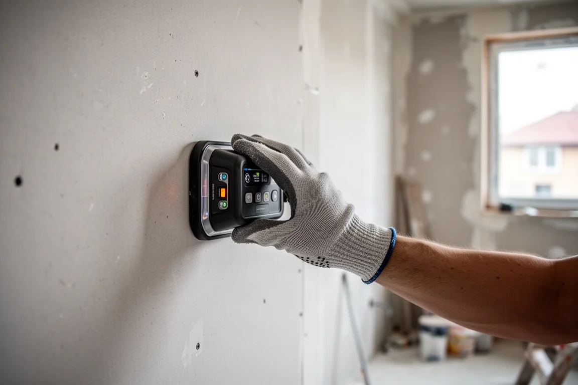 Handwerker führt einen Wandscanner über eine Trockenbauwand, bevor gebohrt wird