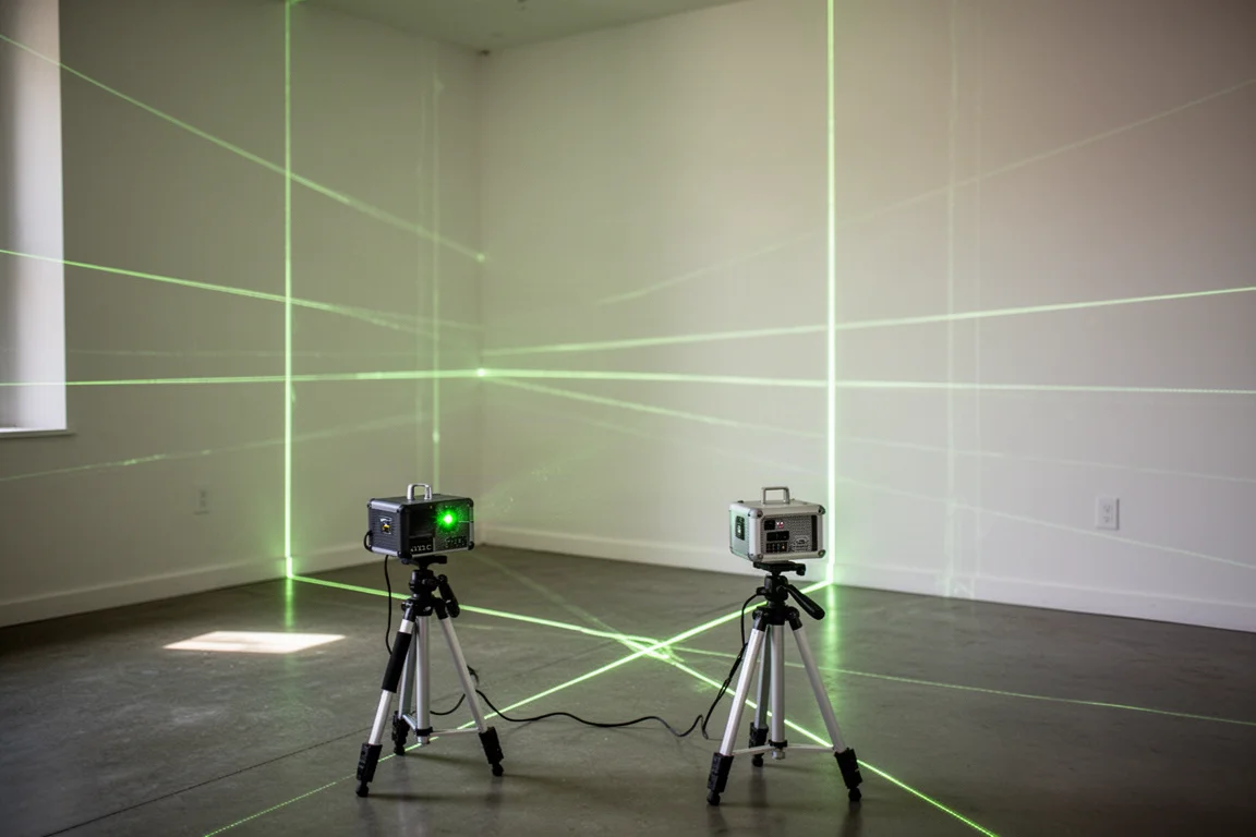 Grüner Kreuzlinienlaser projiziert Linien bei der Auslegungsarbeit in einem Innenraum