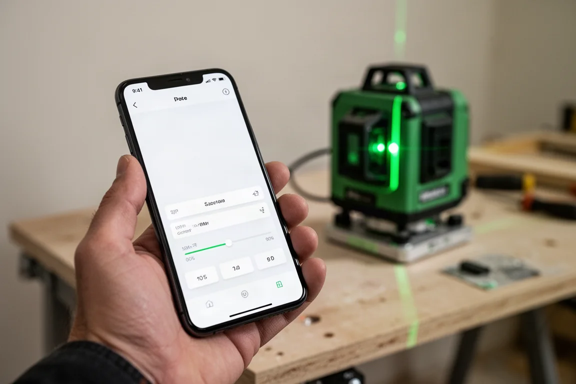 Smartphone mit verbundener Laser-Steuerungs-App in der Hand eines Handwerkers