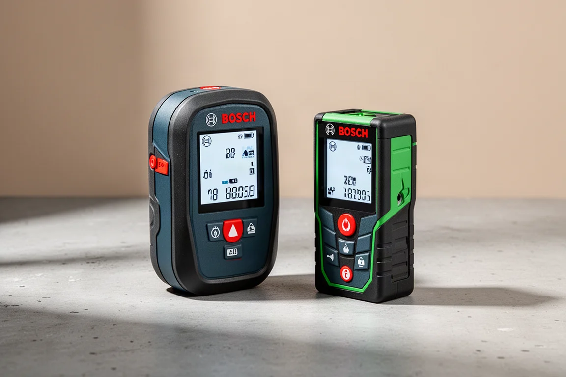 Bosch wall scanner and green laser distance measure on a concrete surface