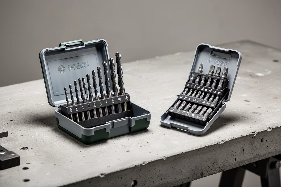 Bosch drill bit set and impact bit set cases side by side on a workbench