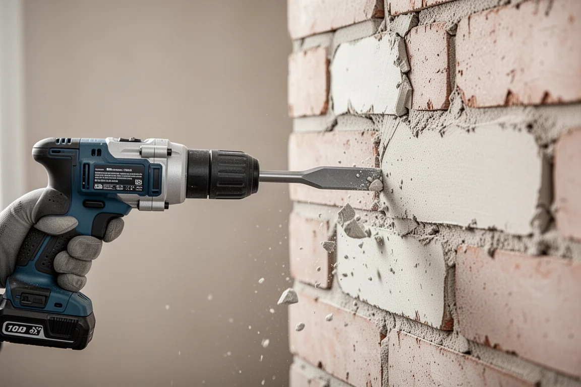 Trapano intento a scalpellare un muro di mattoni con intonaco leggero