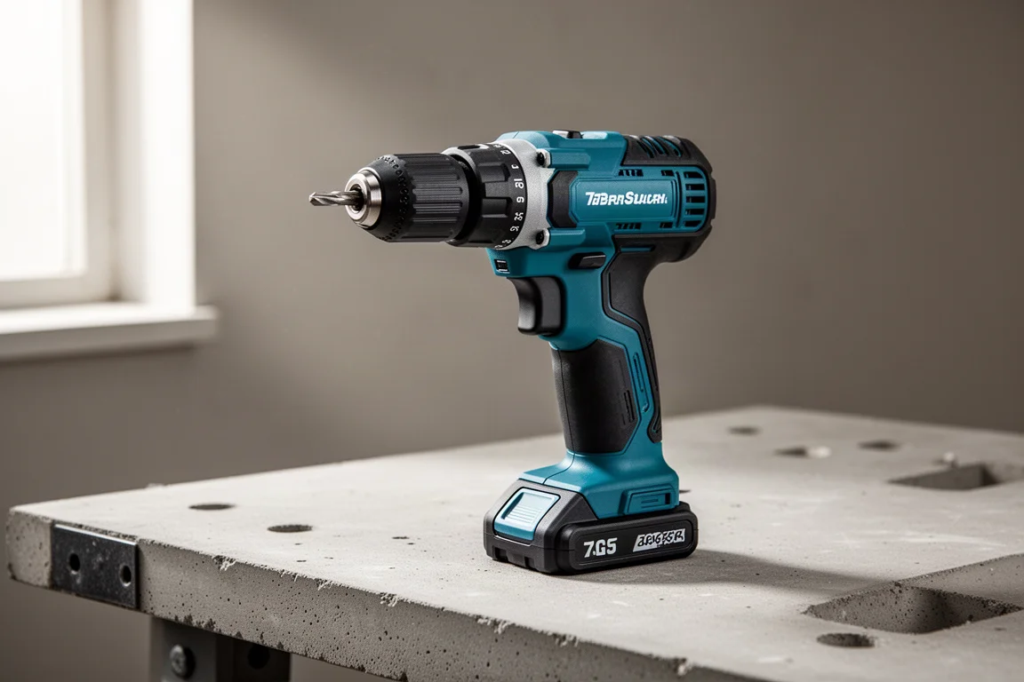 Bosch GBH 18V-22X cordless rotary hammer drill standing on a concrete workbench