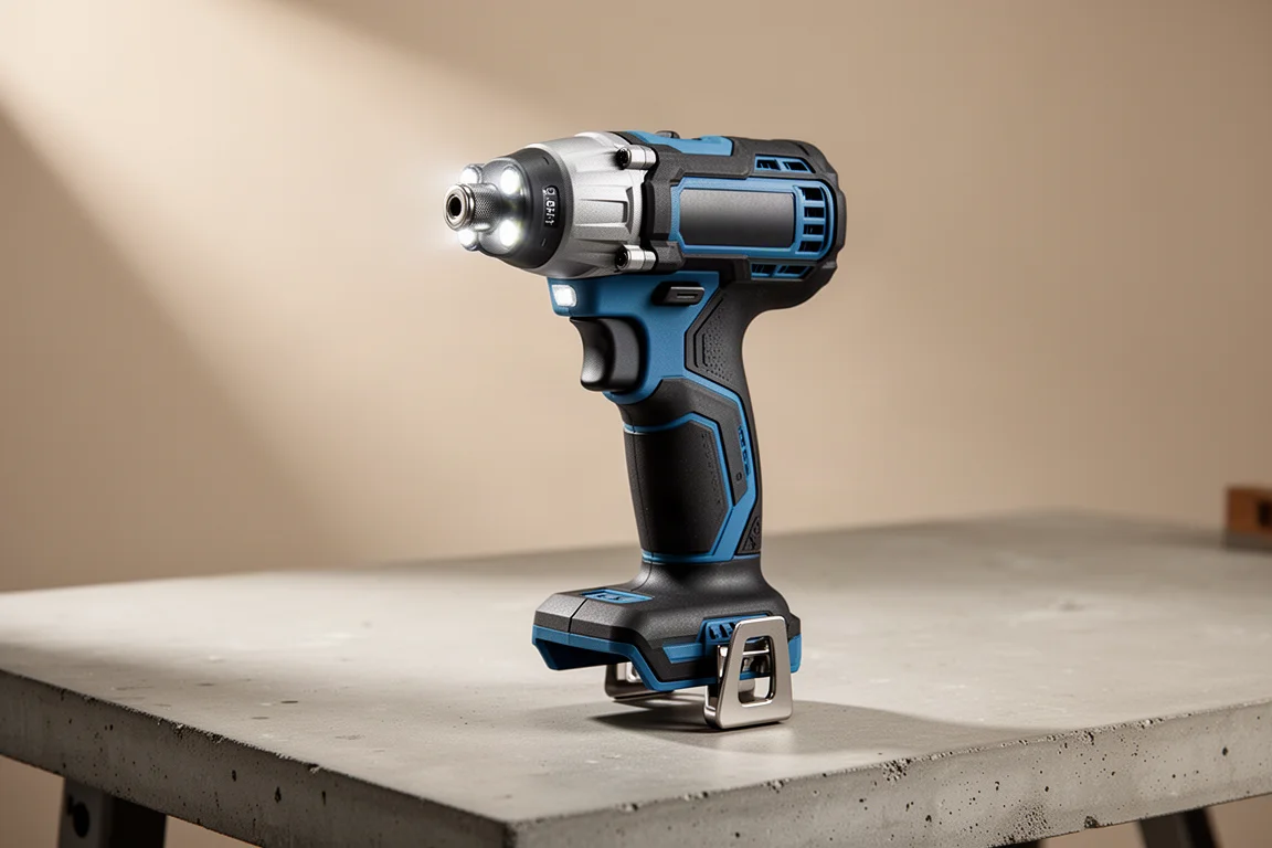 Bosch GDR 18V-215 cordless impact driver standing on a concrete workbench