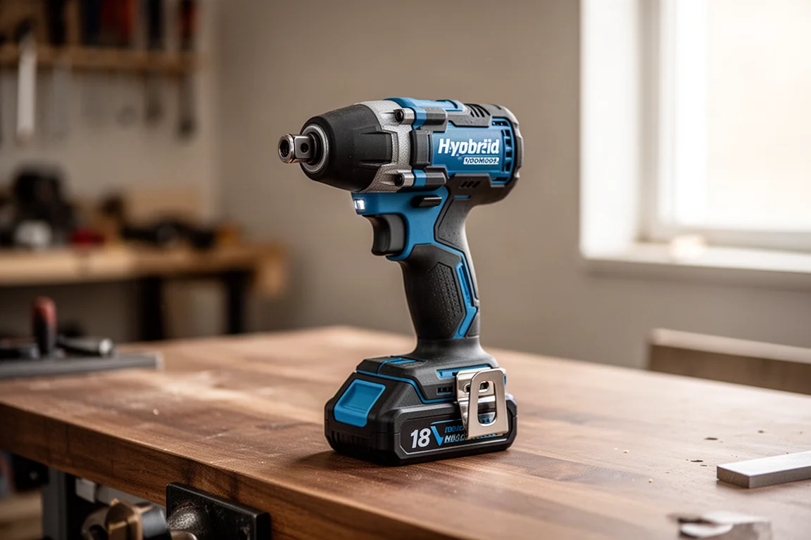 Hybrid impact driver wrench tool with battery pack resting on a workbench