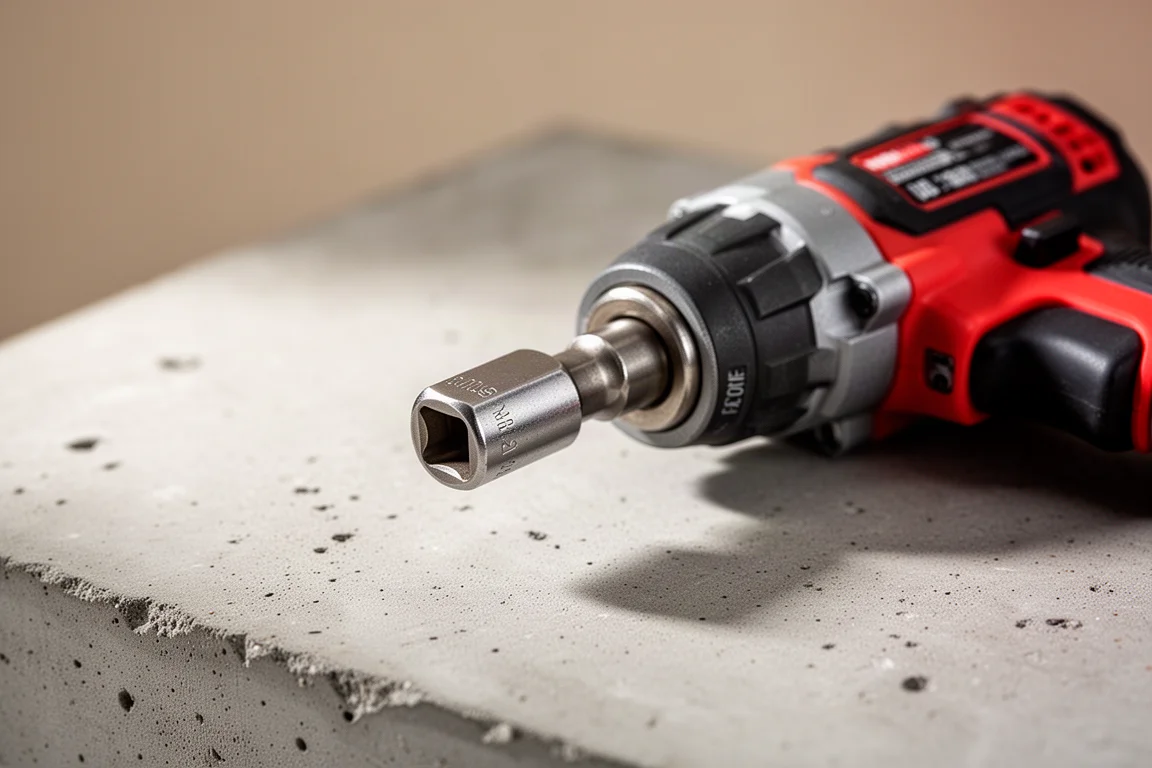 Socket adapter attached to an impact tool anvil on a workshop surface