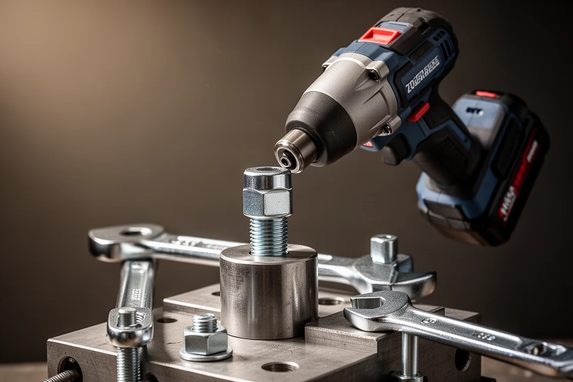 Impact tool loosening a large bolt on a test rig in soft light