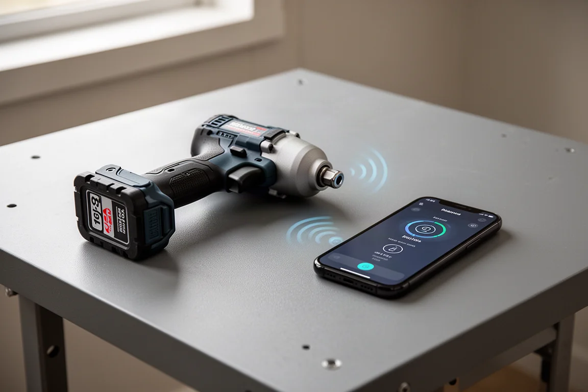 Impact tool and smartphone on a workbench showing app-based customization setup