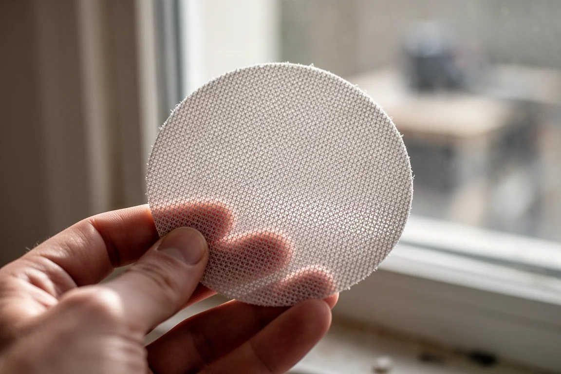 Disco abrasivo a maglia fine tenuto contro la luce che ne mostra la trama trasparente
