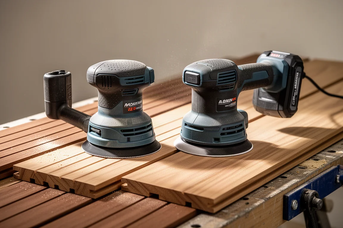 Due levigatrici a batteria fianco a fianco su un banco da lavoro con assi di legno levigate